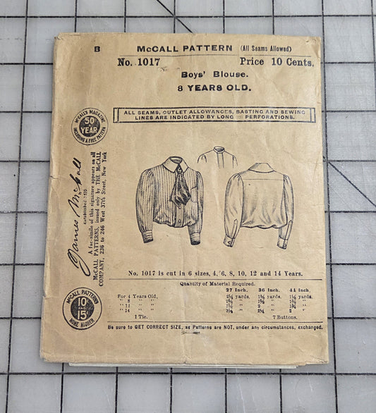 McCall's 1017 Pattern, ca 1900's Boy's Blouse 8 Year Old. Unprinted Factory Fold