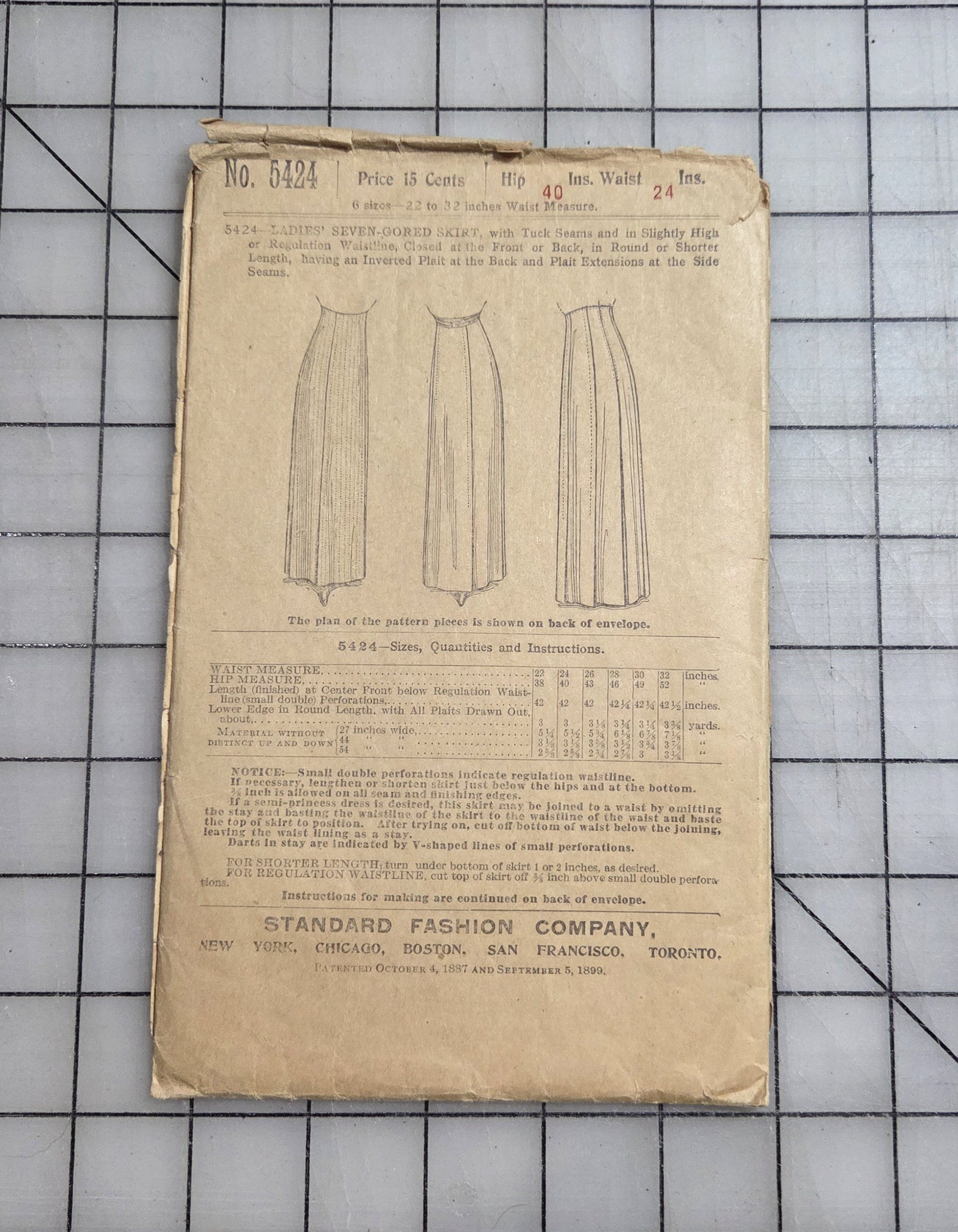 Standard Fashion 5424 Ladies Seven Gore Skirt Dress Pattern 1899 Unprinted