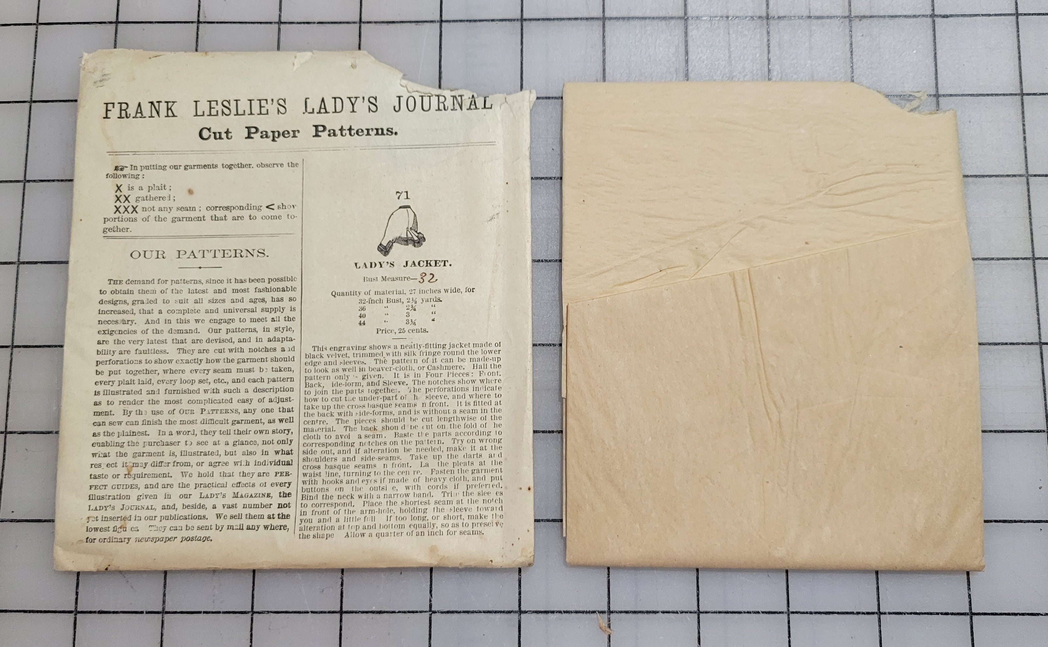 Frank Leslies Ladys Journal Cut Paper Pattern #71 1870s Ladys Jacket Size 32