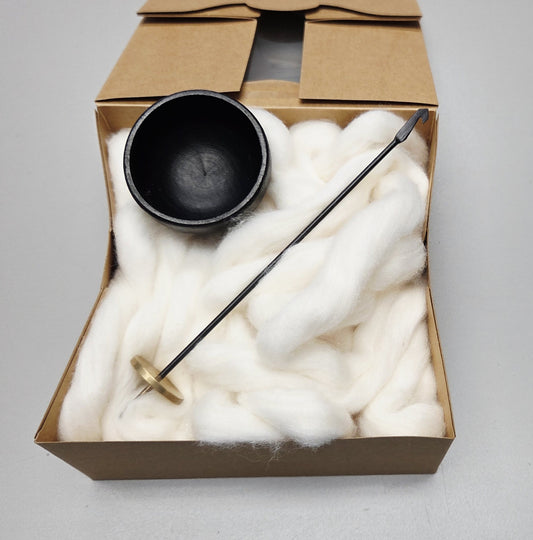 Spin Cotton Fiber Kit. Painted Black Wood Support Bowl & Brass Thakli Spindle.