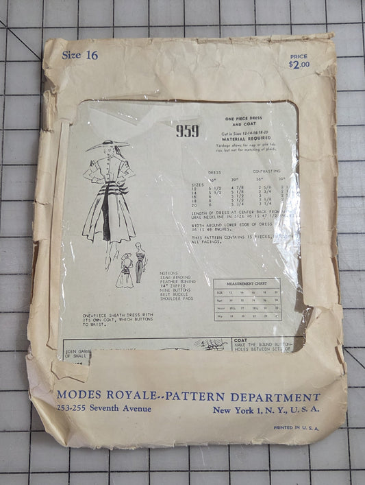Modes Royale Pattern Department New York #959 Size 16 One Piece Dress Coat 1940s