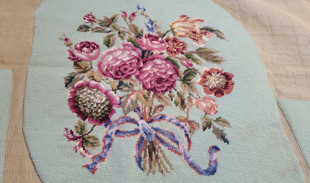 Vintage Textile Needlepoint Seat Cover Set Hand Stitched