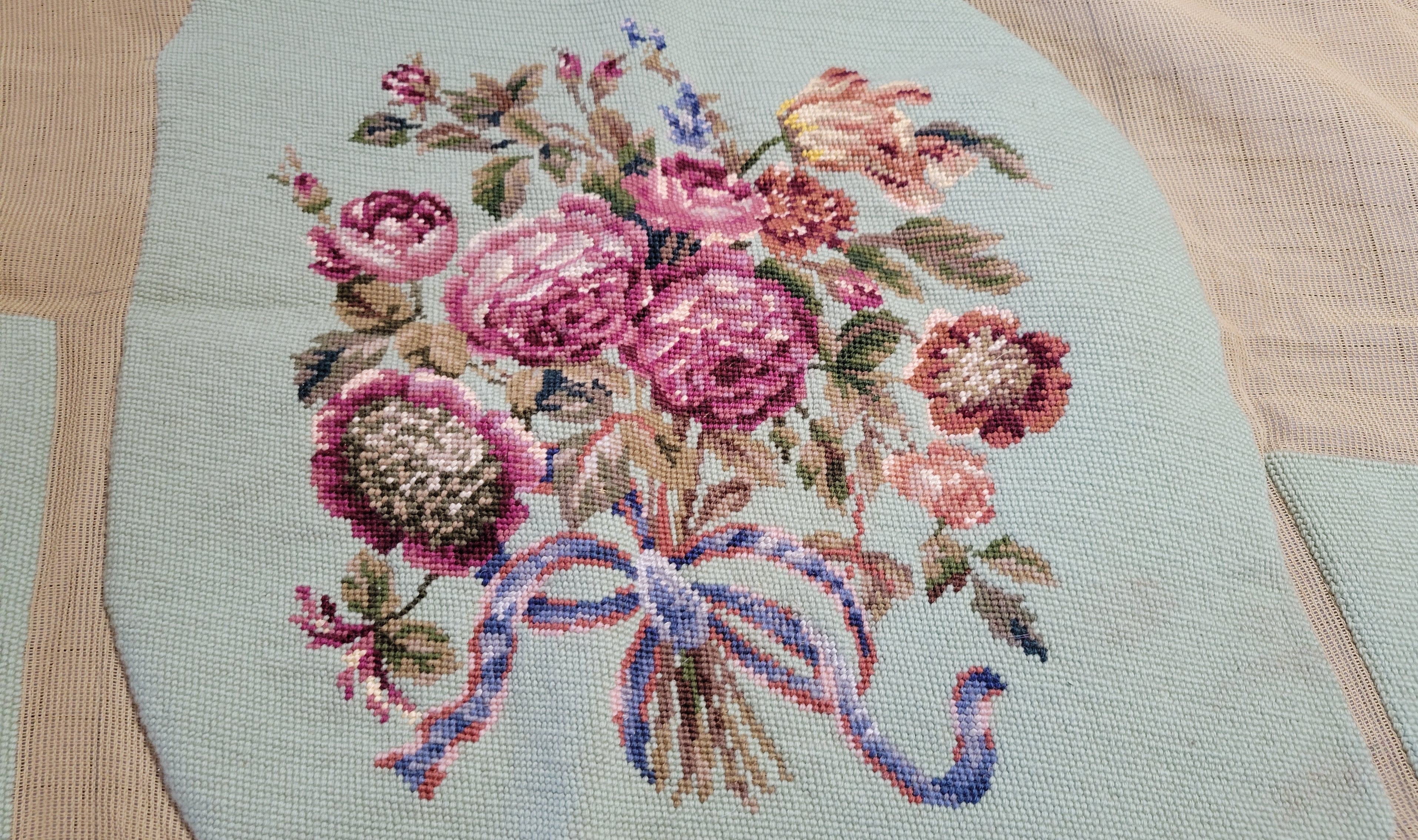 Vintage Textile Needlepoint Seat Cover Set Hand Stitched