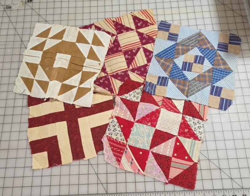 5 - Vintage Patch Quilt Blocks Unfinished Squares. 1900s - 1920s Hand Stitched