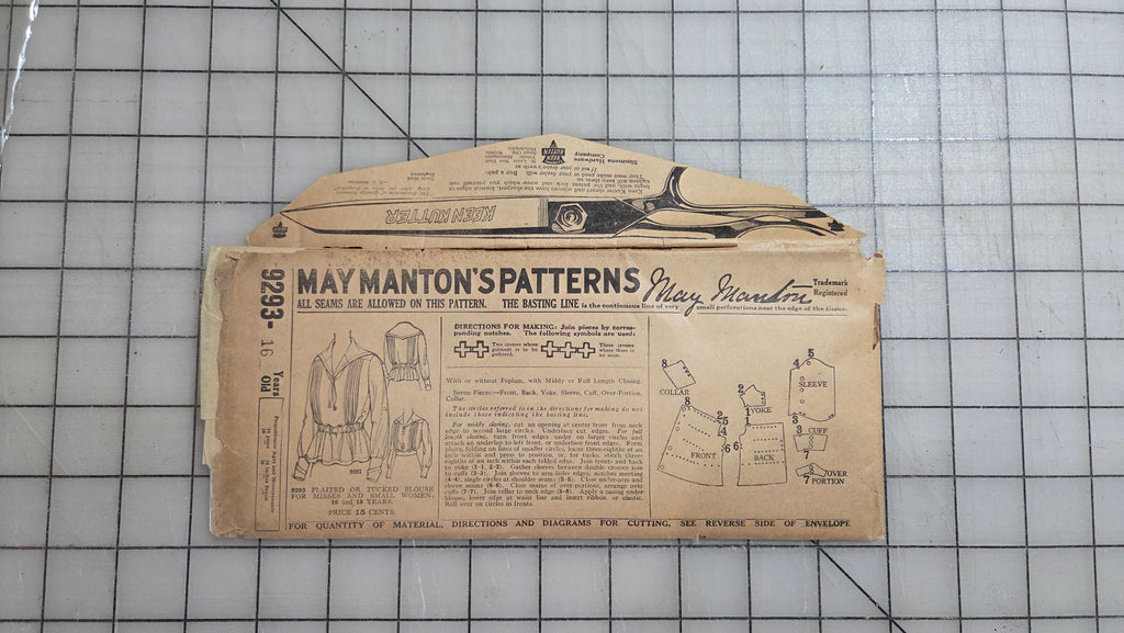 May Manton 9293 Blouse Sewing Pattern Misses 1900's Unprinted