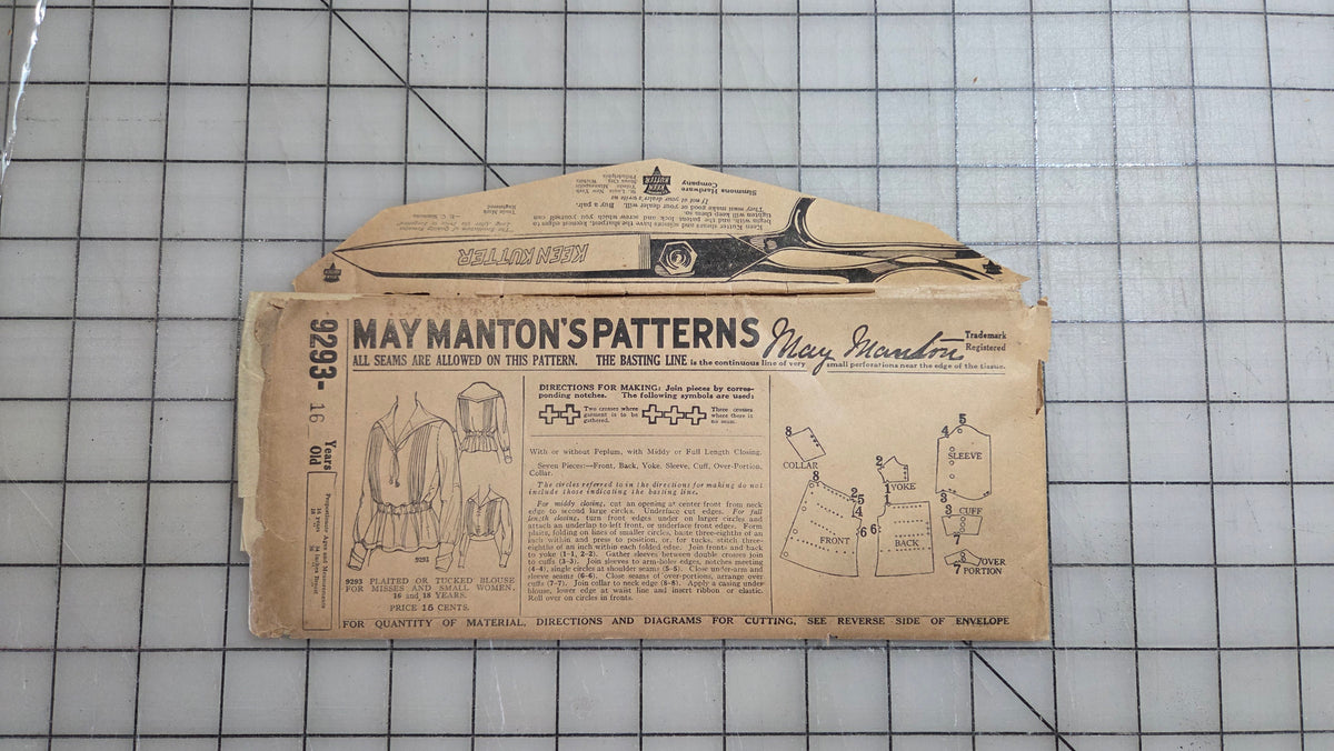 May Manton 9293 Blouse Sewing Pattern Misses 1900's Unprinted