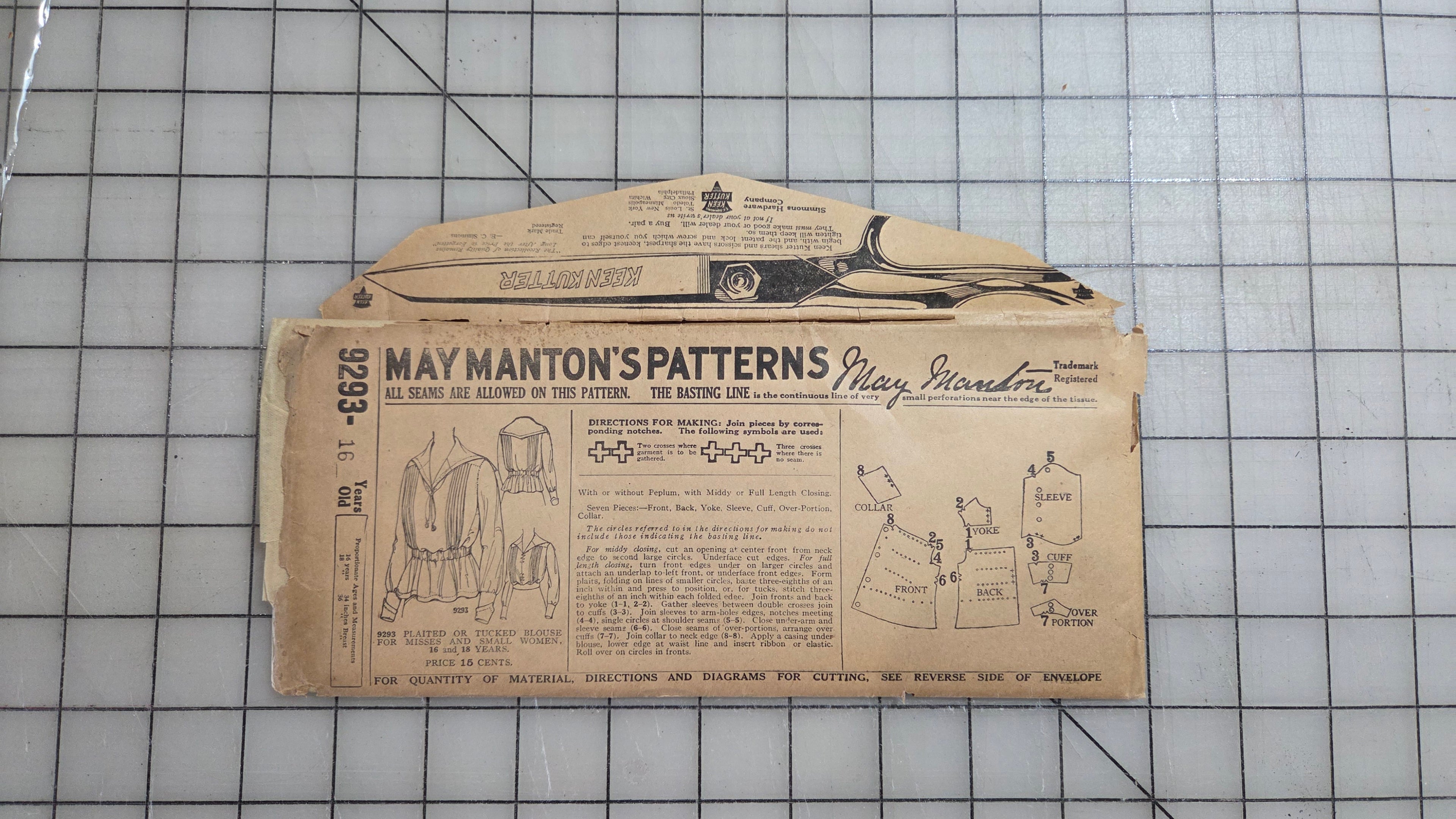 May Manton 9293 Blouse Sewing Pattern Misses 1900's Unprinted