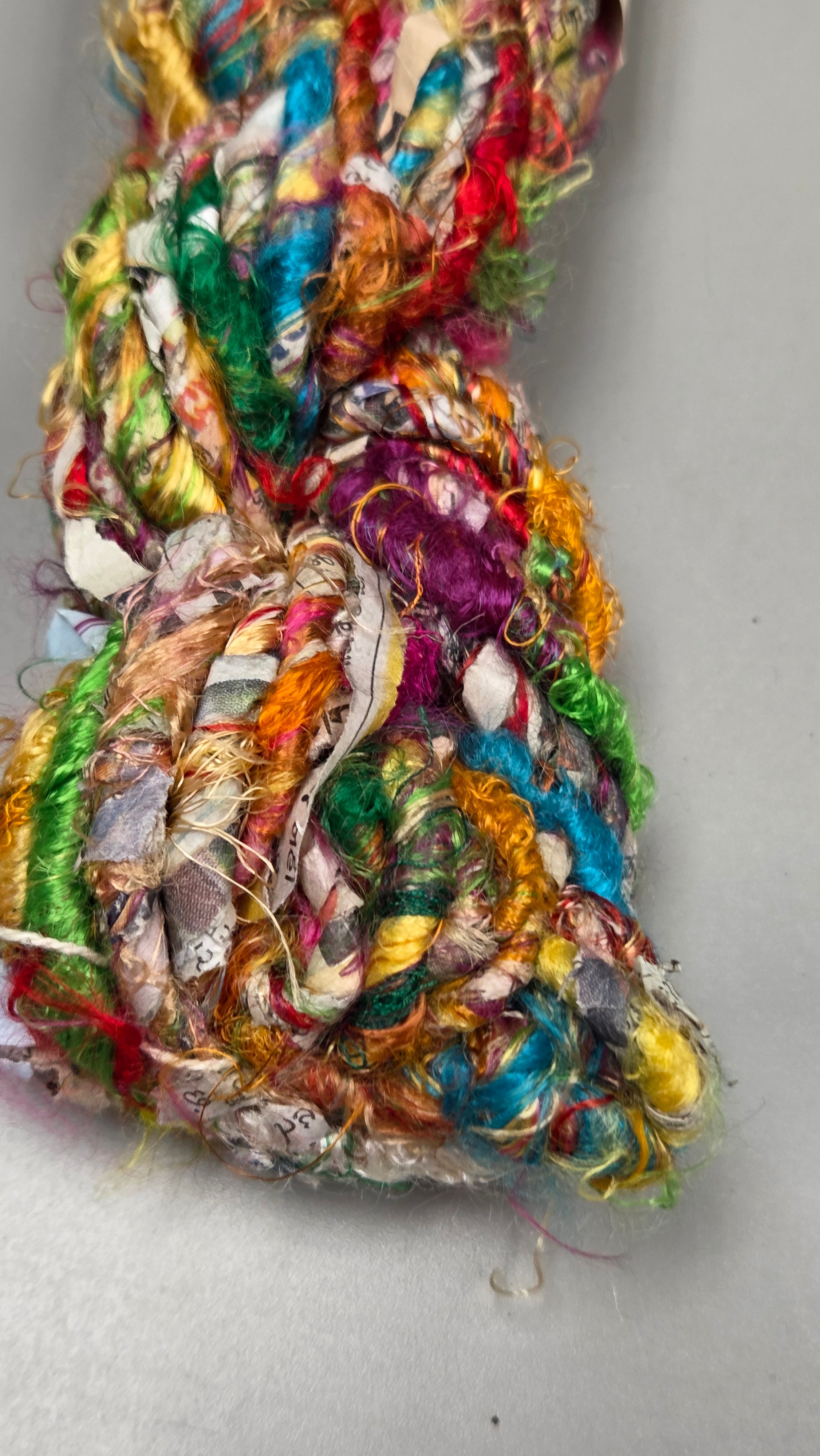 Rainbow Silk and Reclaimed Paper Yarn Skein. Approx. 15 Yards , Newspaper