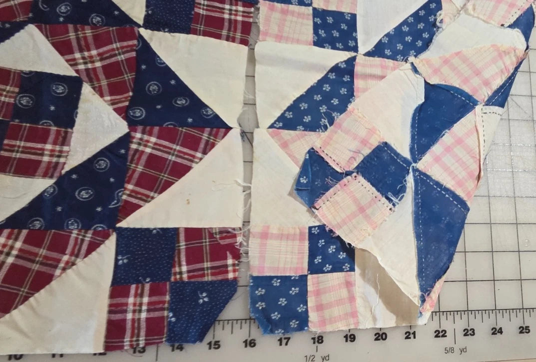 8 Vintage Patch Quilt Blocks Unfinished Squares. 1900s - 1930s Red Blue Brown