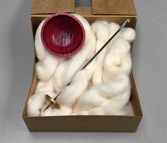 Spin Cotton Fiber Kit. Natural Upland Cotton Sliver. Hand-Painted Wood Support Bowl and Brass Tahkli Spindle. SK47 Pink Salmon