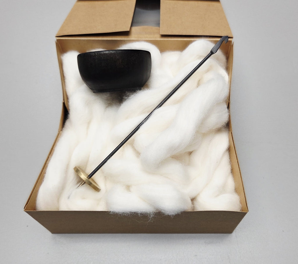 Spin Cotton Fiber Kit. Painted Black Wood Support Bowl & Brass Thakli Spindle.