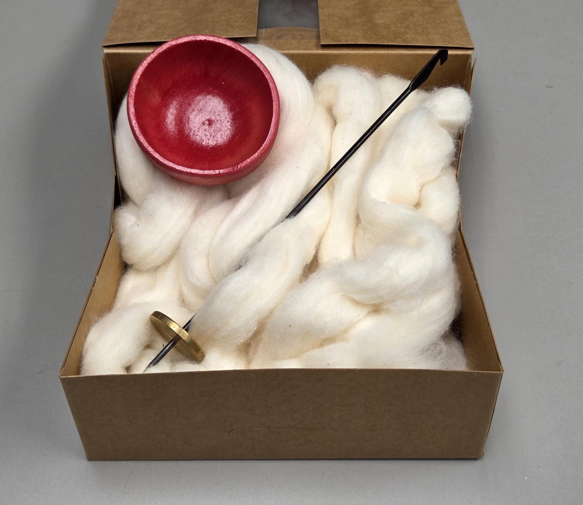 Spin Cotton Fiber Kit. Natural Upland Cotton Sliver. Hand-Painted Wood Support Bowl and Brass Tahkli Spindle. SK31 Red
