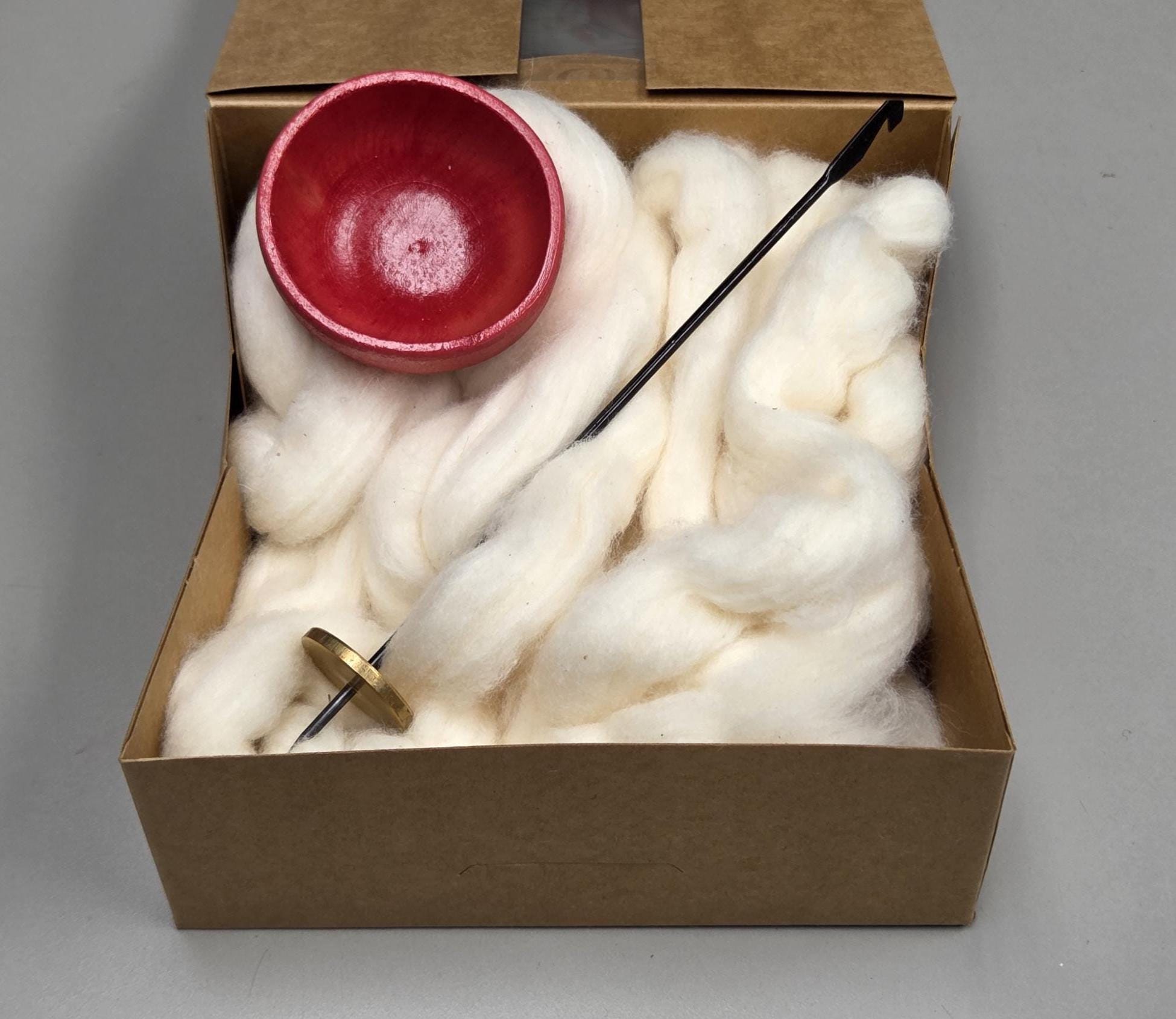 Spin Cotton Fiber Kit. Natural Upland Cotton Sliver. Hand-Painted Wood Support Bowl and Brass Tahkli Spindle. SK31 Red