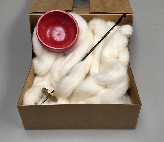 Spin Cotton Fiber Kit. Natural Upland Cotton Sliver. Hand-Painted Wood Support Bowl and Brass Tahkli Spindle. SK31 Red