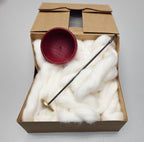Spin Cotton Fiber Kit. Painted RED Wood Support Bowl & Brass Thakli Spindle.