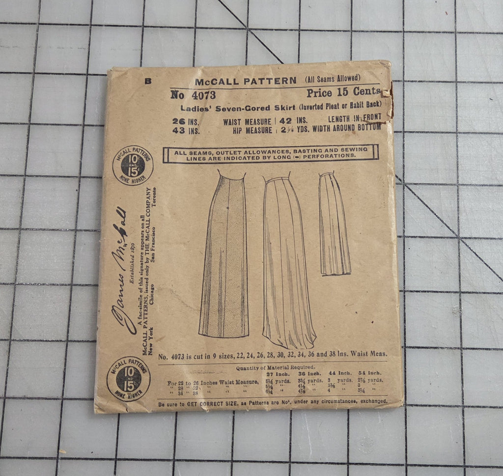 McCall's 4073 Pattern, ca 1900's Ladies Seven-Gored Skirt Unprinted Waist 42