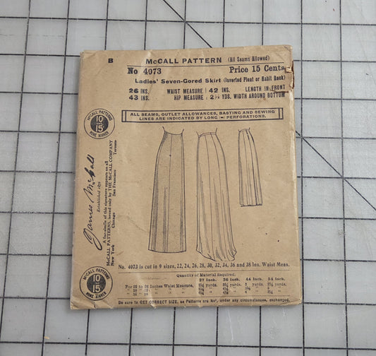 McCall's 4073 Pattern, ca 1900's Ladies Seven-Gored Skirt Unprinted Waist 42