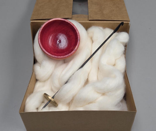 Spin Cotton Fiber Kit. Natural Upland Cotton Sliver. Hand-Painted Wood Support Bowl and Brass Tahkli Spindle. SK37 Pink Orange