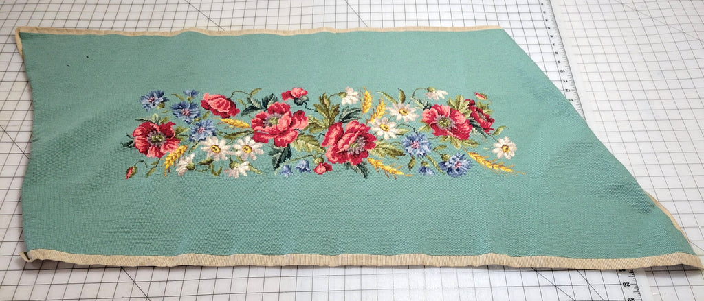 Vintage Textile Needlepoint Seat Cover Unblocked Blue Floral 44"x21.5"