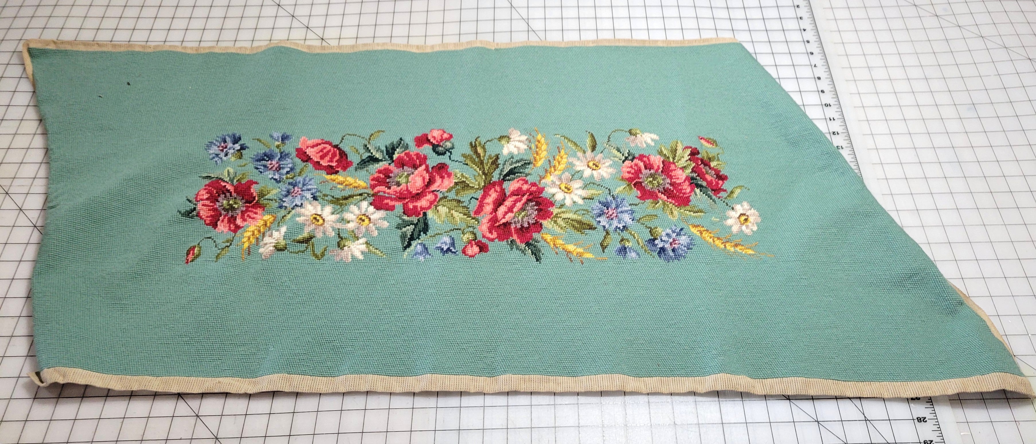 Vintage Textile Needlepoint Seat Cover Unblocked Blue Floral 44"x21.5"