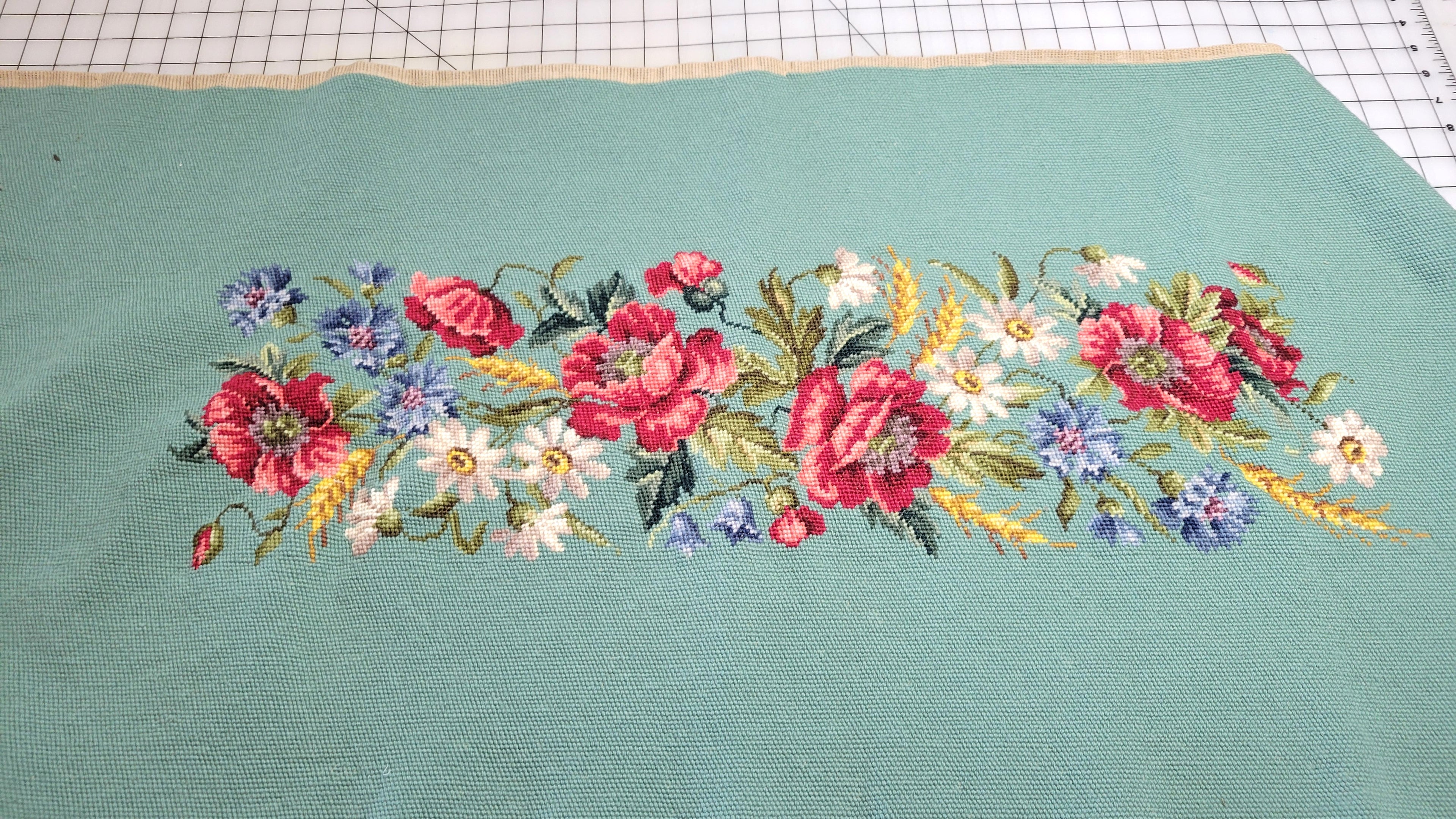 Vintage Textile Needlepoint Seat Cover Unblocked Blue Floral 44"x21.5"
