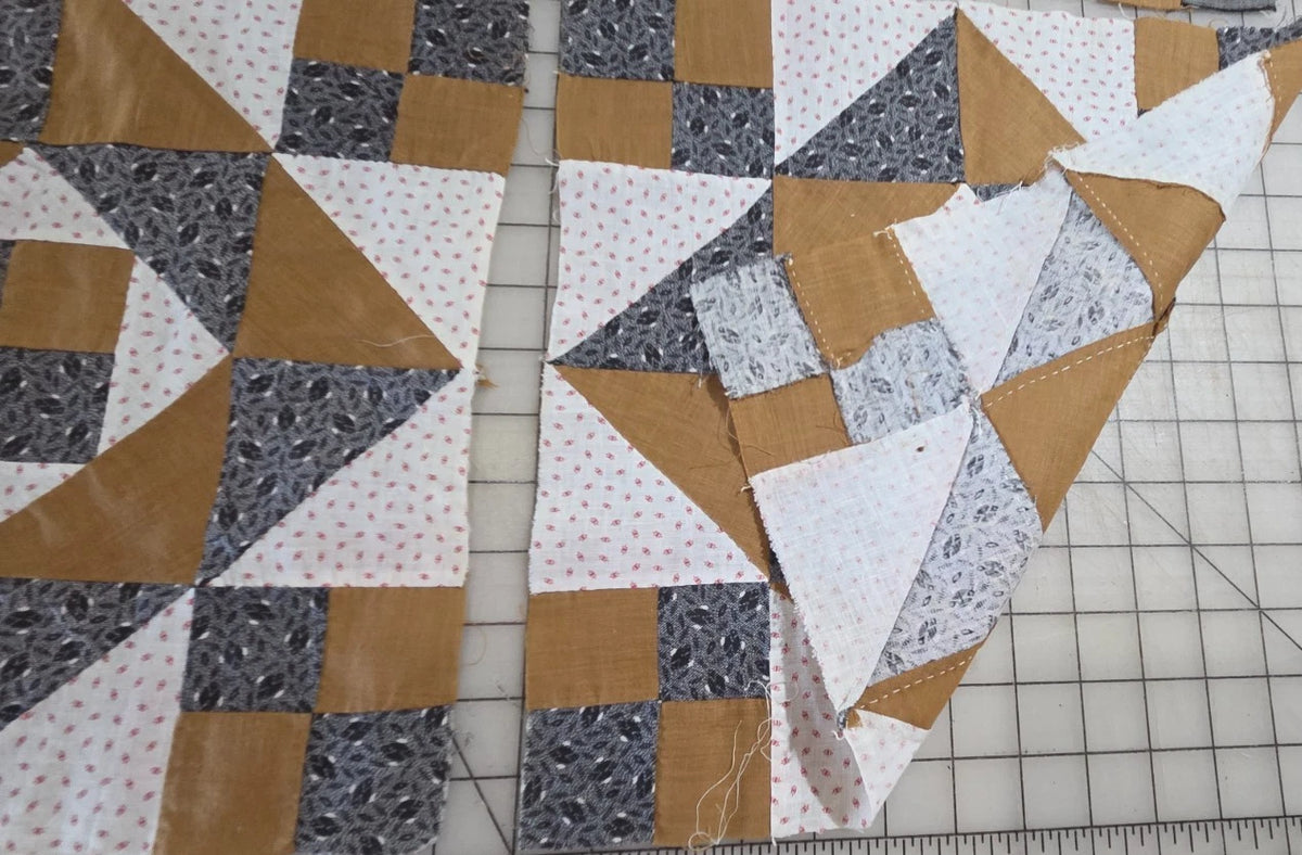 8 Vintage Patch Quilt Blocks Unfinished Squares. 1900s - 1930s Red Blue Brown