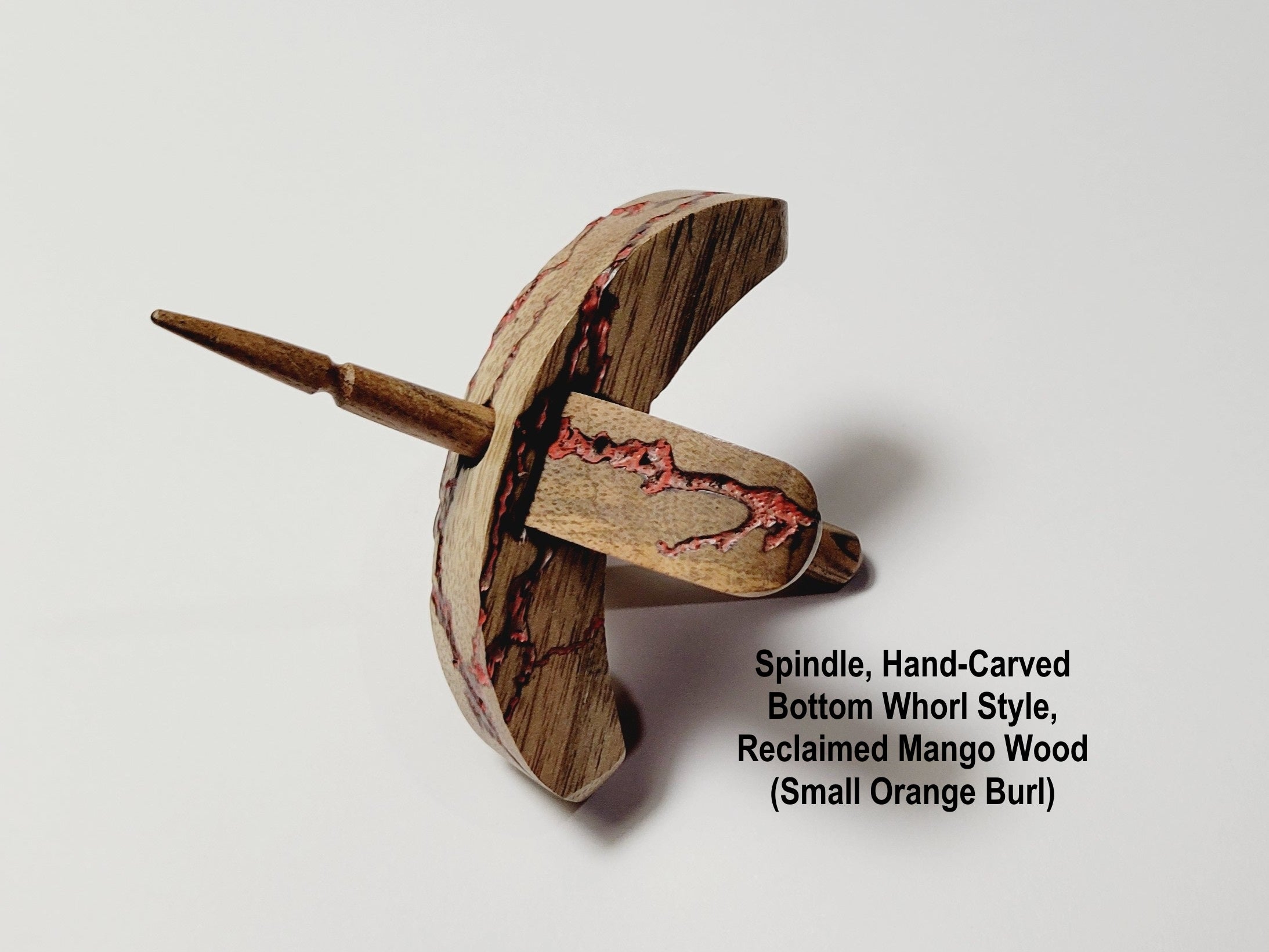 Spindle, Hand-Carved Bottom Whorl Style, Reclaimed Mango Wood (Small Orange Burl)