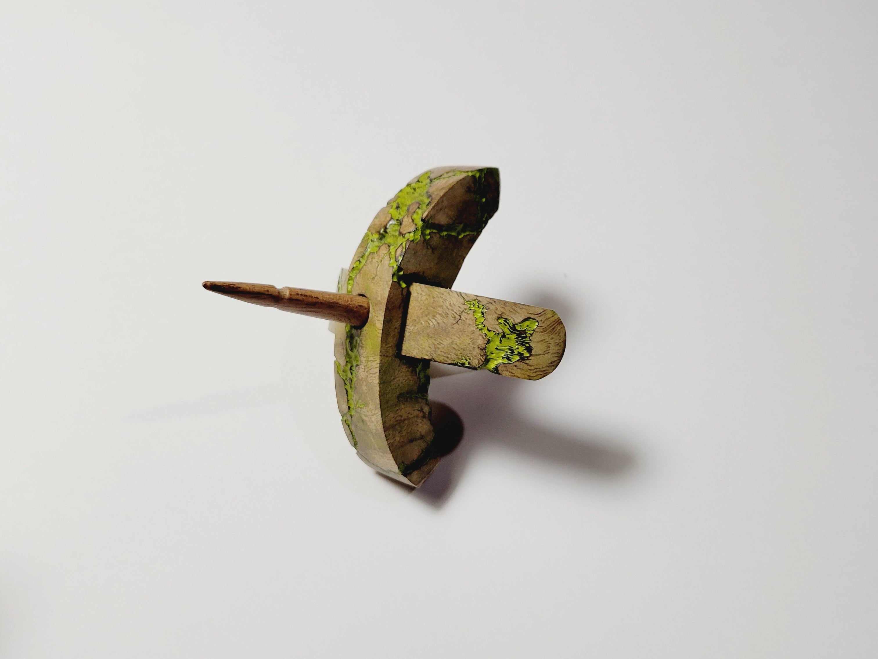 Spindle, Hand-Carved Bottom Whorl Style, Reclaimed Mango Wood (Small Lime Green Burl)