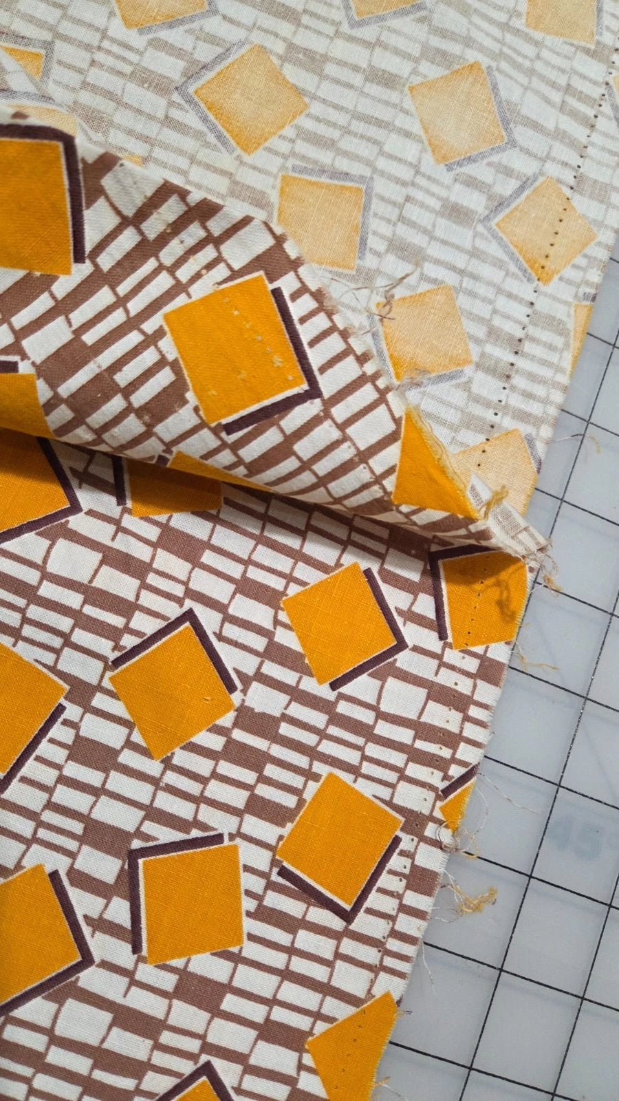 Vintage Feedsack Fabric 50 x 43 Opened Gold & Brown Squares Feed Flour Sack