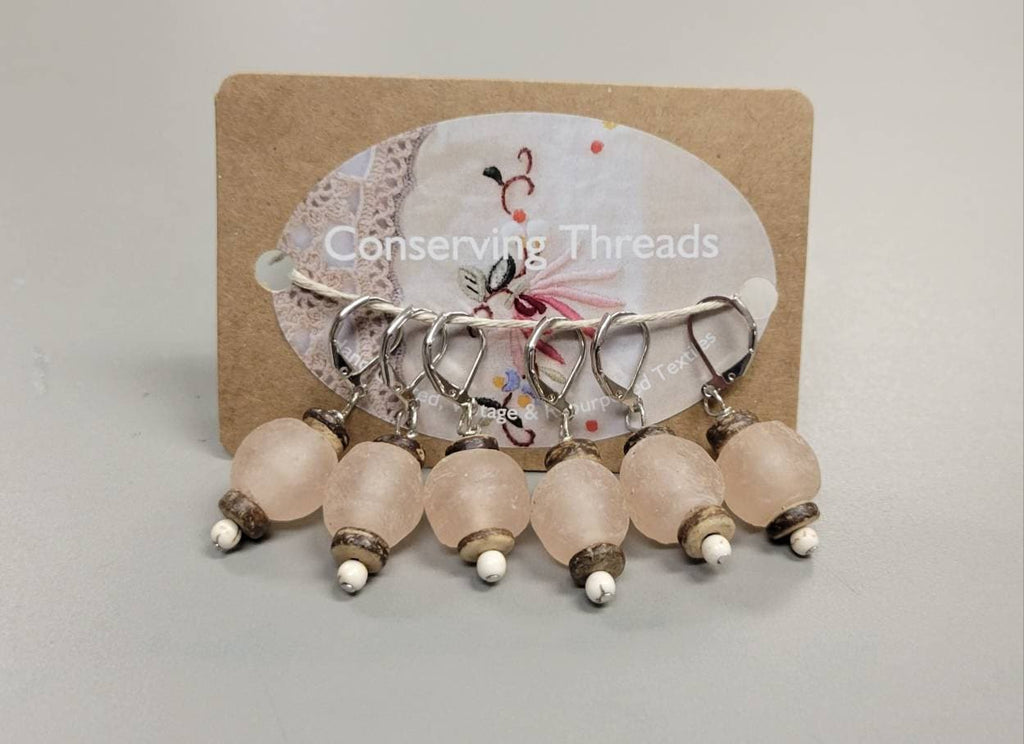 Recycled Glass Stitch Markers. Set of 6. Pink Glass Beads from Recycled Soda Bottles. Coconut wood spacer. Metal hook.