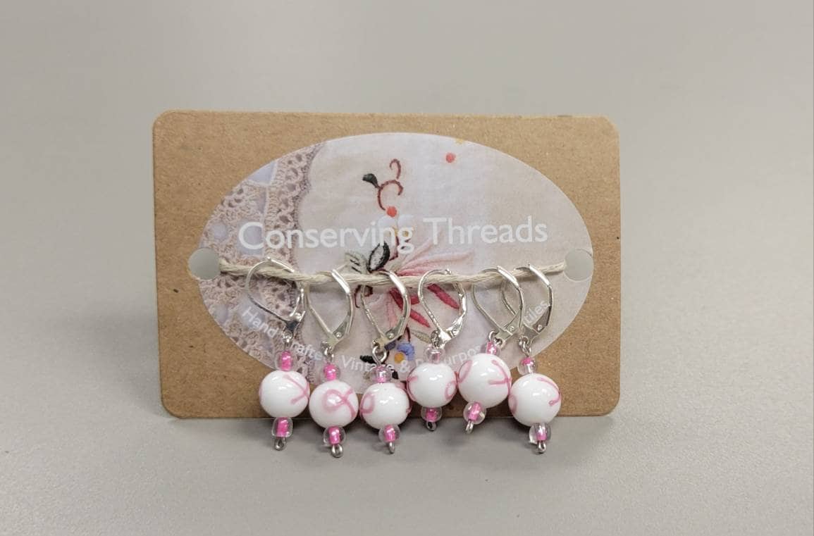 Stitch Markers. Set of 6. White and Pink Glass Beads Cancer Awareness Ribbon Metal Clasp.