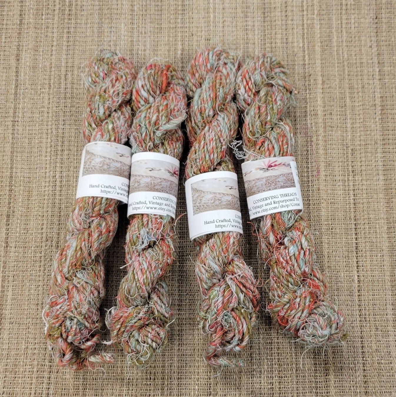 Linen Reclaimed Yarn. Skein Bundle. Hand-Spun Fibers Upcycled. Red, Tan, Light Blue and White. Art Yarn