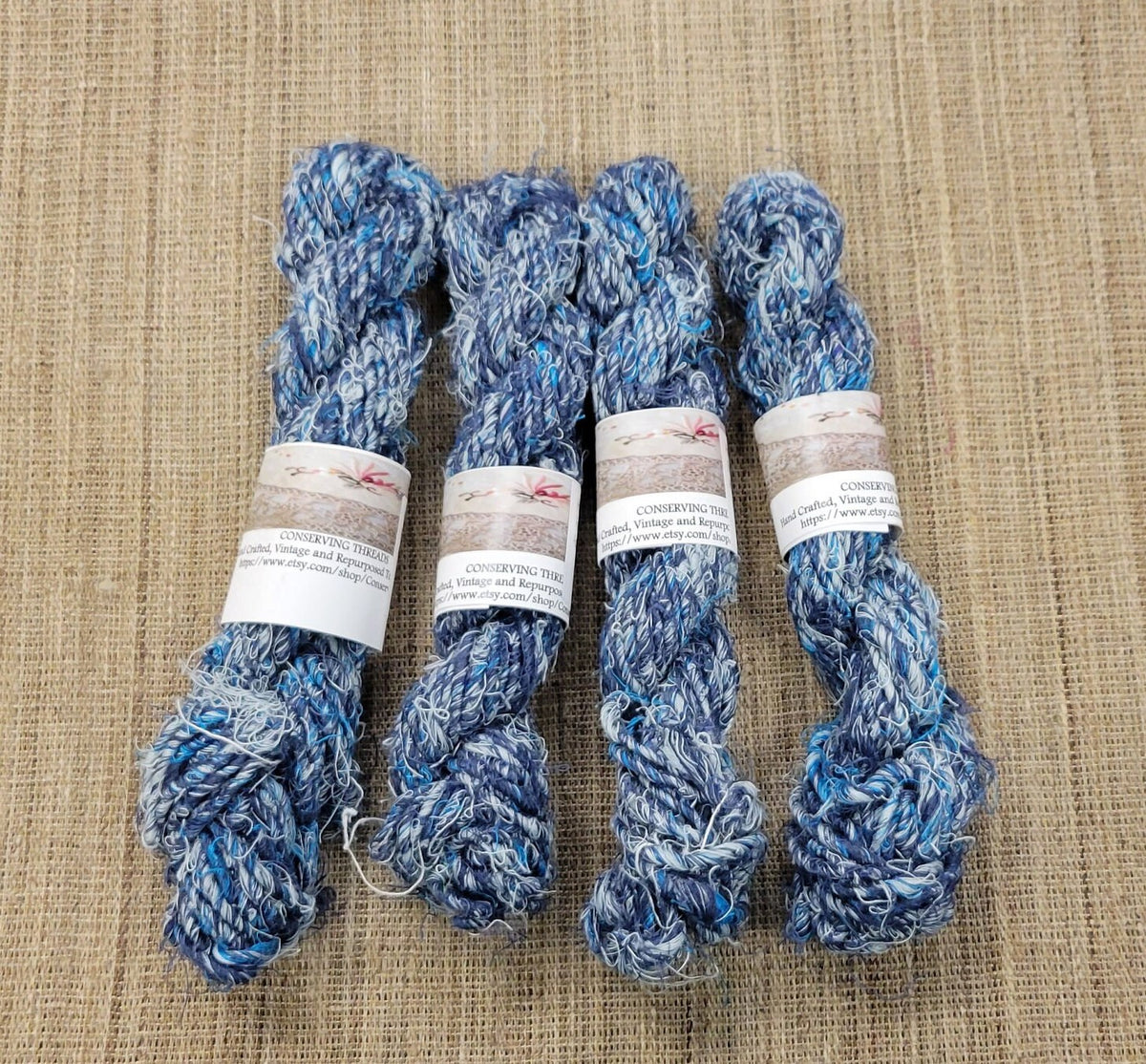 Linen, Reclaimed Yarn. Skein Bundle. Blue and White. Hand-Spun Fibers Upcycled. Art Yarn.