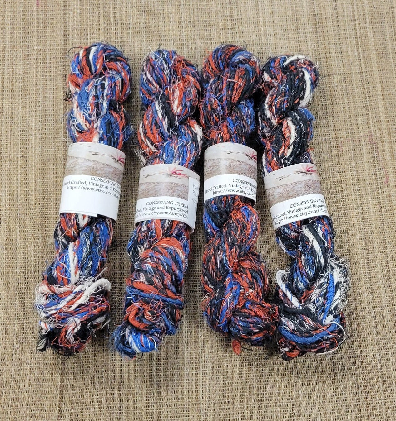 Linen Reclaimed Yarn. Skein Bundle. Hand-Spun Fibers Upcycled. Art Yarn in Red, Blue, Black, and White.