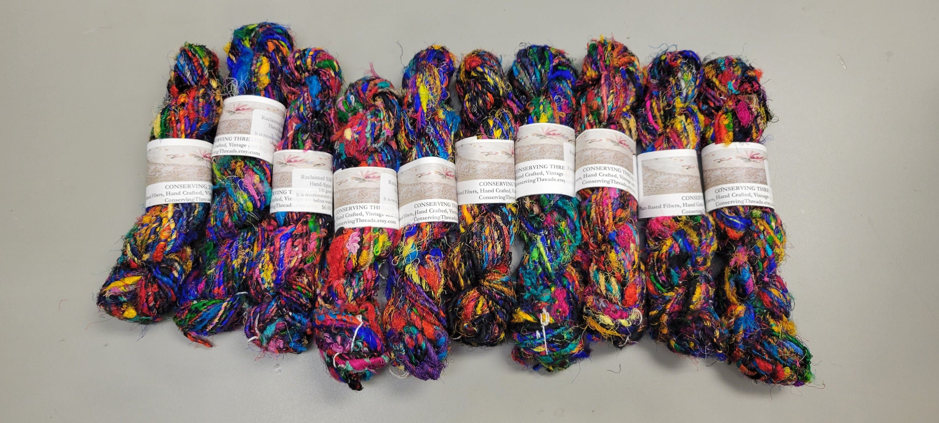 Set 10 Reclaimed Silk Yarn Skeins. Art Yarn. Hand-Spun Black and Rainbow. Recycled Yarn. 2nd Chance Fiber Yarn Bundle.