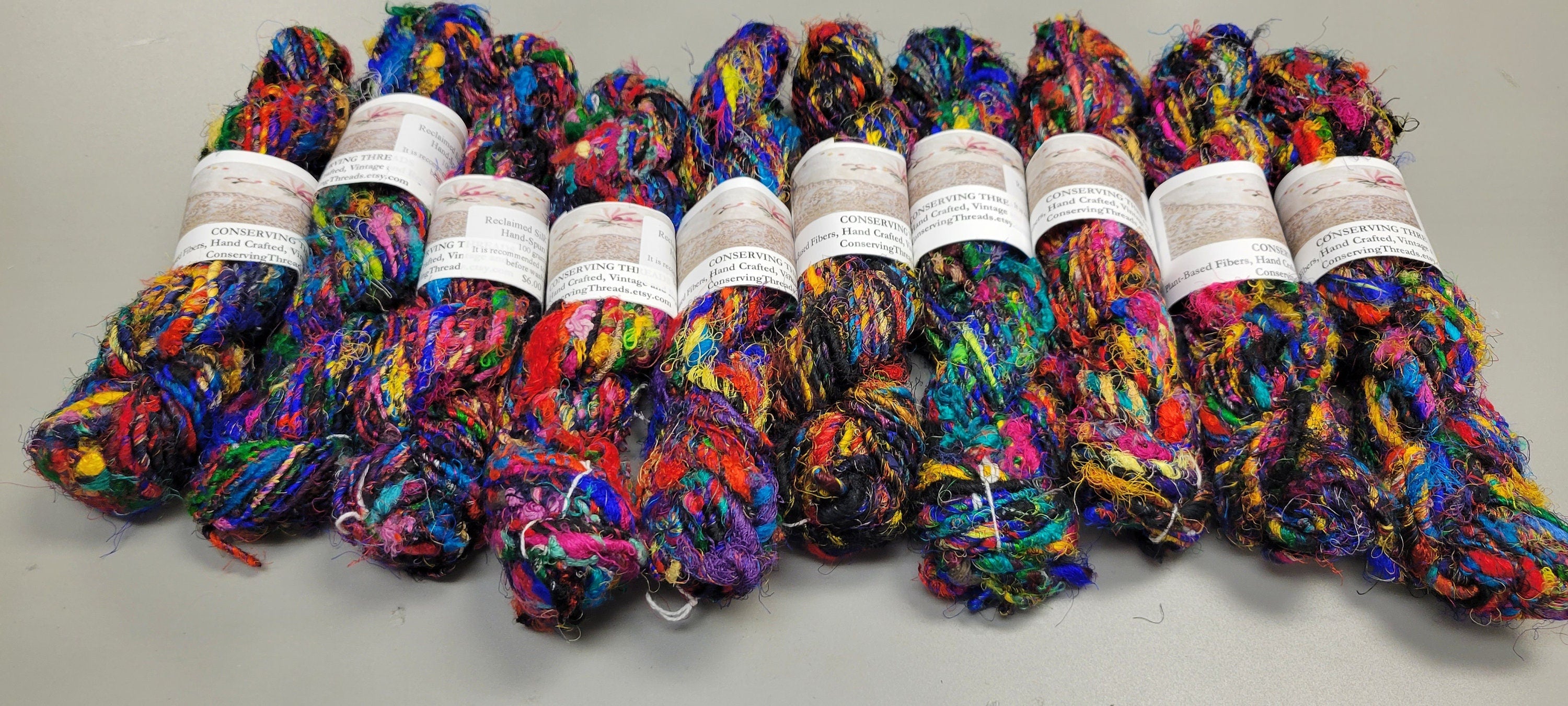 Set 10 Reclaimed Silk Yarn Skeins. Art Yarn. Hand-Spun Black and Rainbow. Recycled Yarn. 2nd Chance Fiber Yarn Bundle.