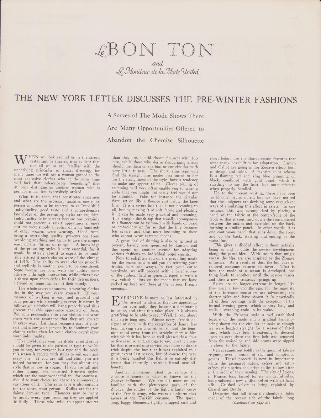 1923 Le Bon Ton Le Moniteur de la Mode United November. Catalog Monthly Report. Paris Fashions Ladies Dress, E-book DOWNLOAD, Vol 72 No 9.