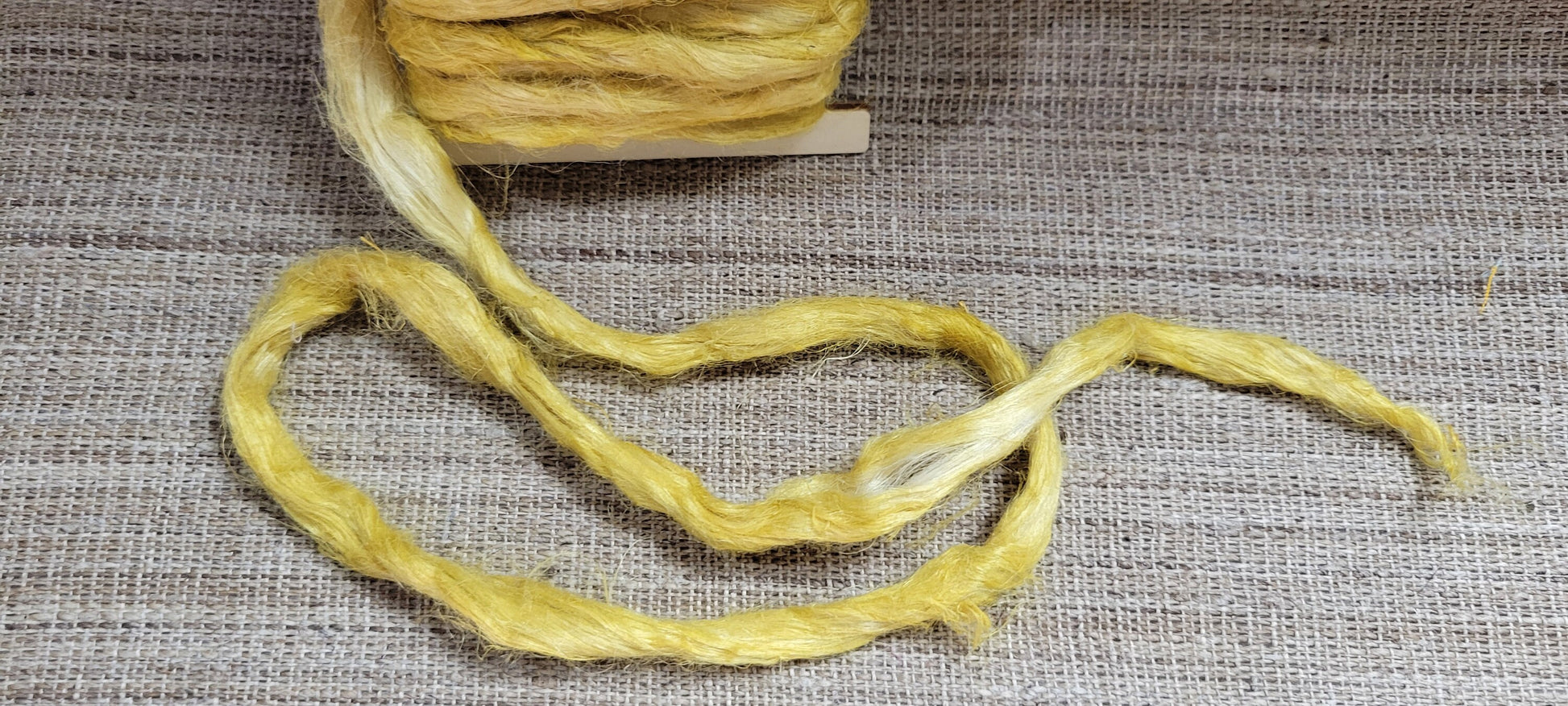 Hemp 1 oz Marigold Silver Fiber Dyed Yellow. Great for Spinning, Knitting, Weaving, Crafts, ect.
