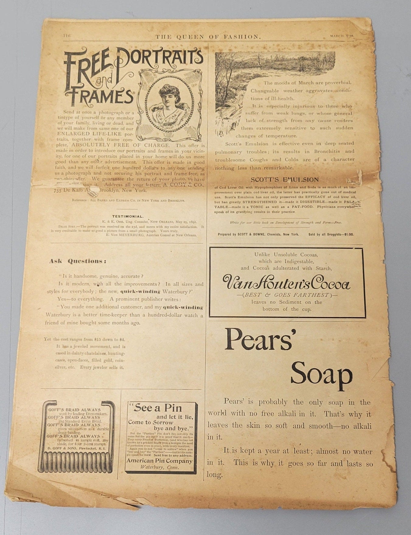 Rare 1893 The Queen of Fashion Paper March. New York Ladies' Fashion Pattern Journal Catalog, Mail Order, Original, Vol 20 No 7.