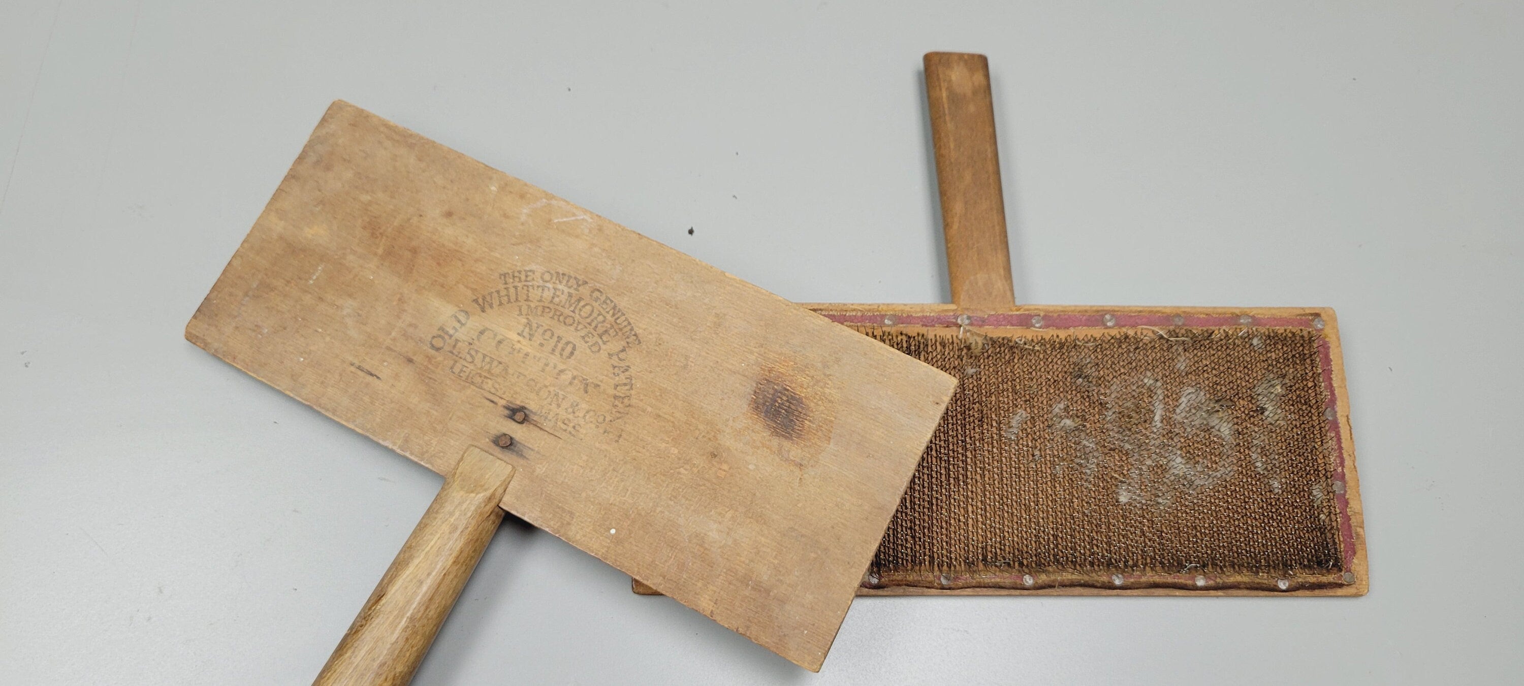 Vintage Pair Hand Carders for Combing Cotton "Old Whittemore Patent, No 10, Cotton, L. S. Watson & Co, Leicester, Mass".