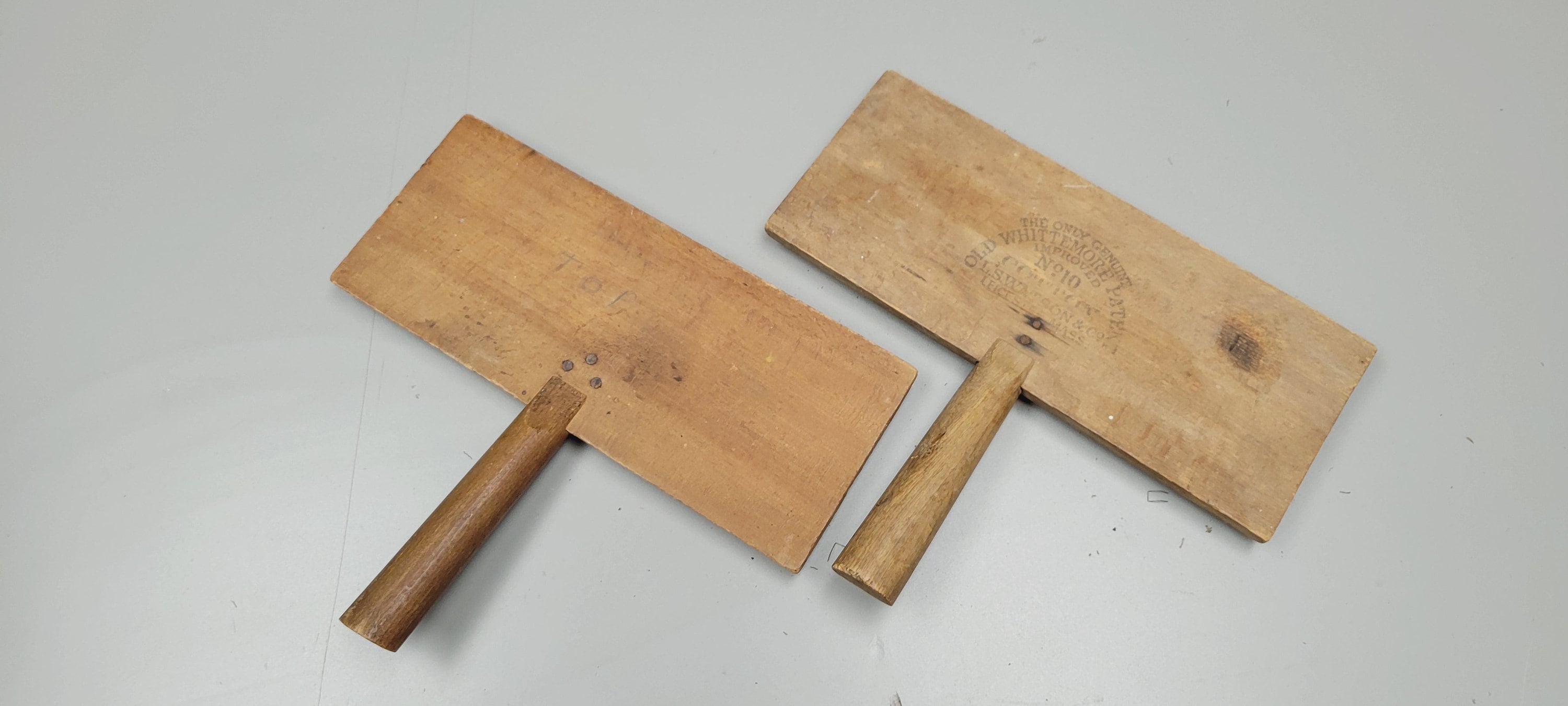 Vintage Pair Hand Carders for Combing Cotton "Old Whittemore Patent, No 10, Cotton, L. S. Watson & Co, Leicester, Mass".