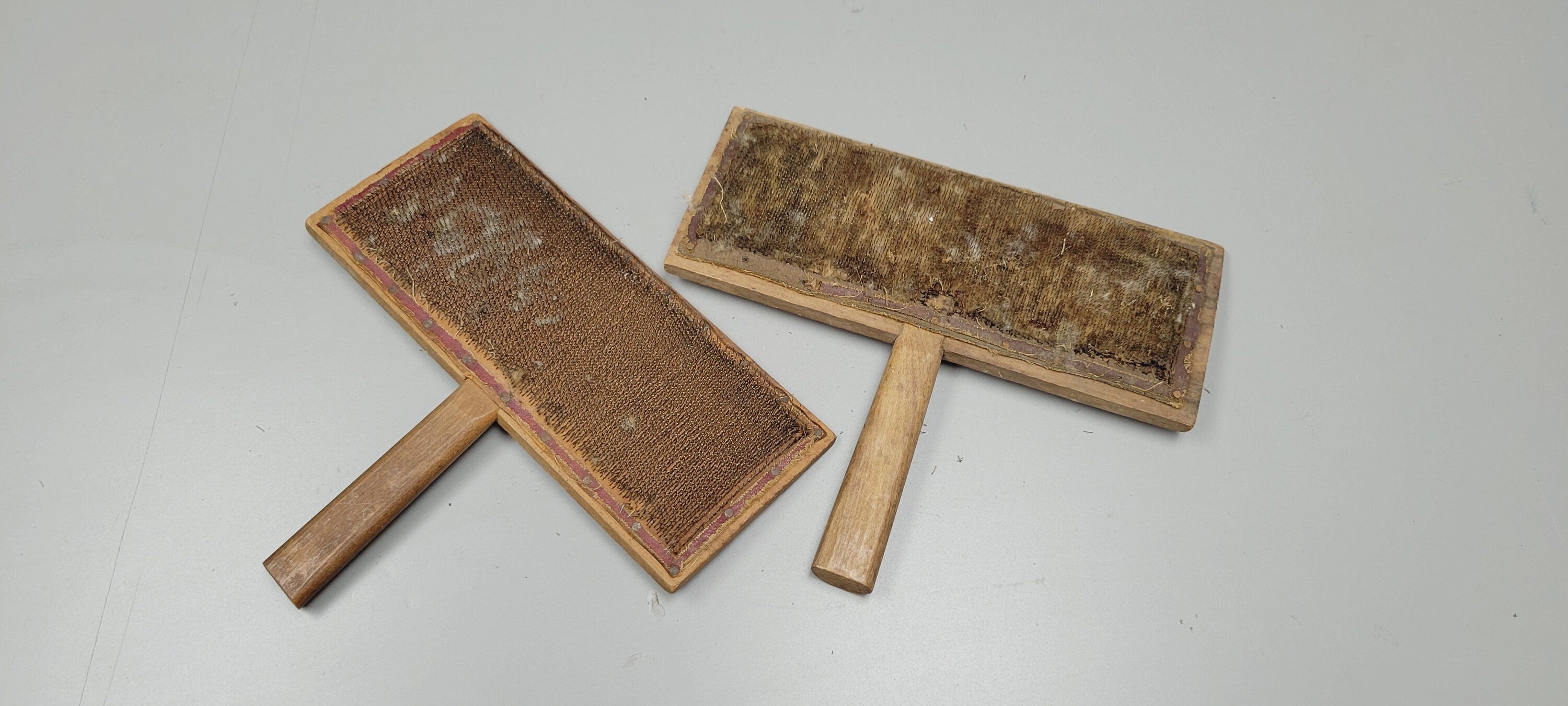 Vintage Pair Hand Carders for Combing Cotton "Old Whittemore Patent, No 10, Cotton, L. S. Watson & Co, Leicester, Mass".