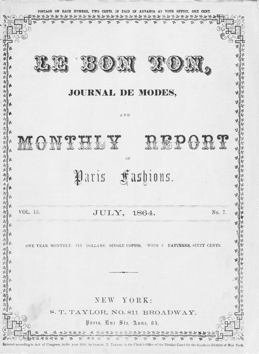 Le Bon Ton Journal de Modes. 1864 July, Vol 13, No 7. Catalog. E-book DOWNLOAD.📥