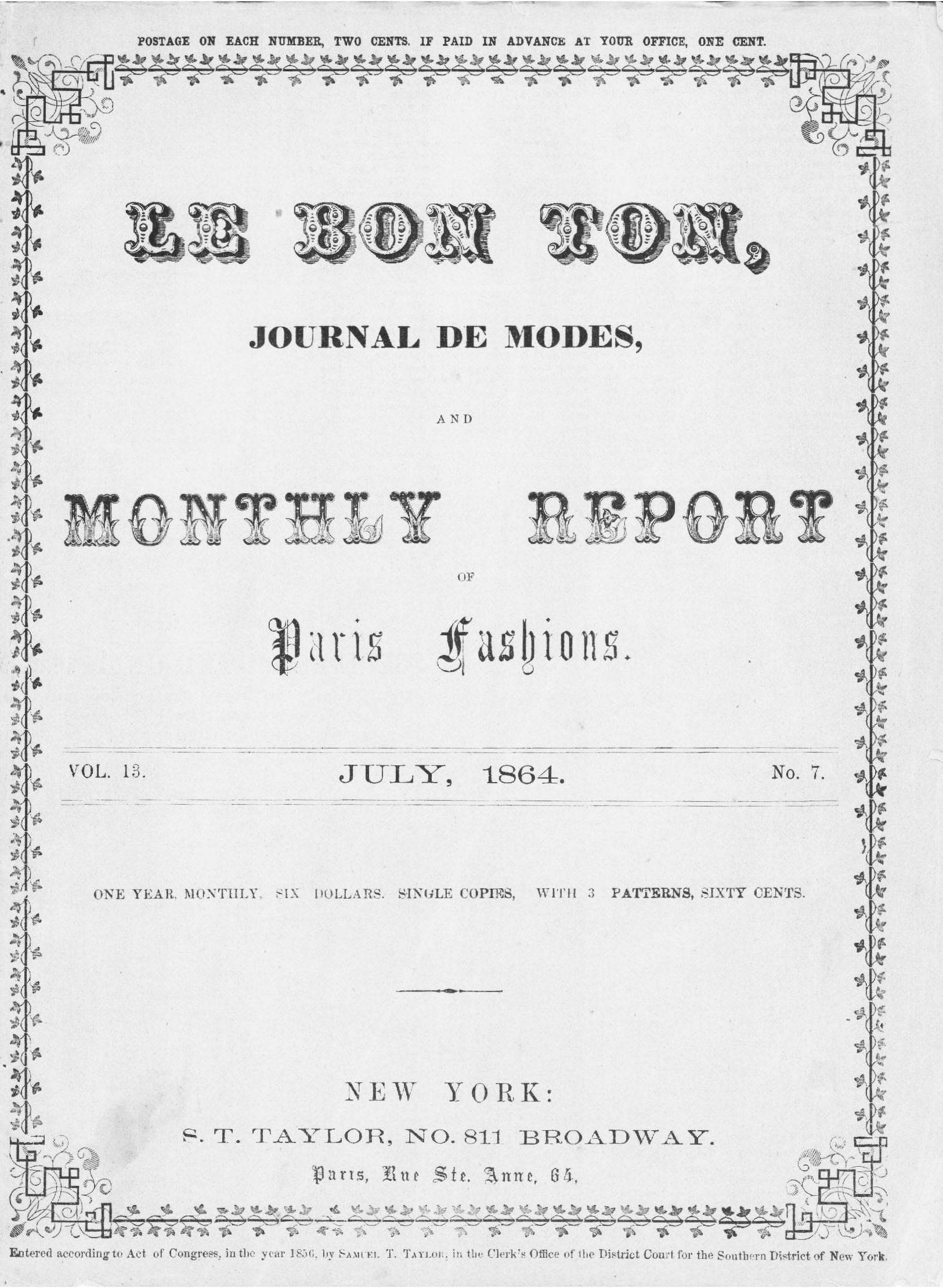 Le Bon Ton Journal de Modes. 1864 July, Vol 13, No 7. Catalog. E-book DOWNLOAD.📥