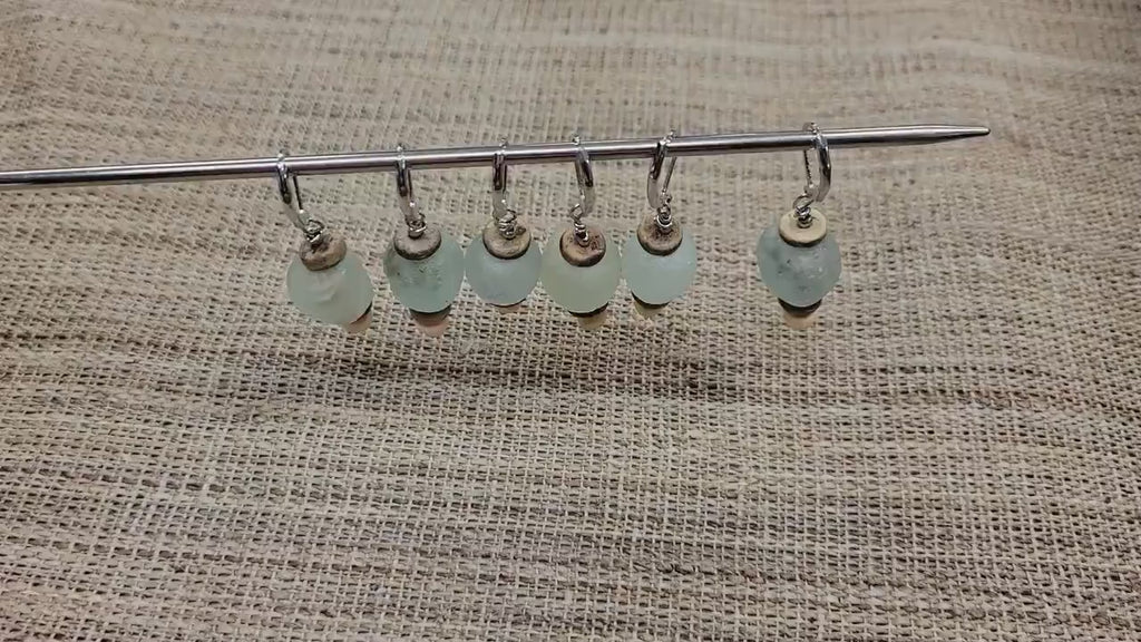 Recycled Glass Stitch Markers. Set of 6. Pink Glass Beads from Recycled Soda Bottles. Coconut wood spacer. Metal hook.