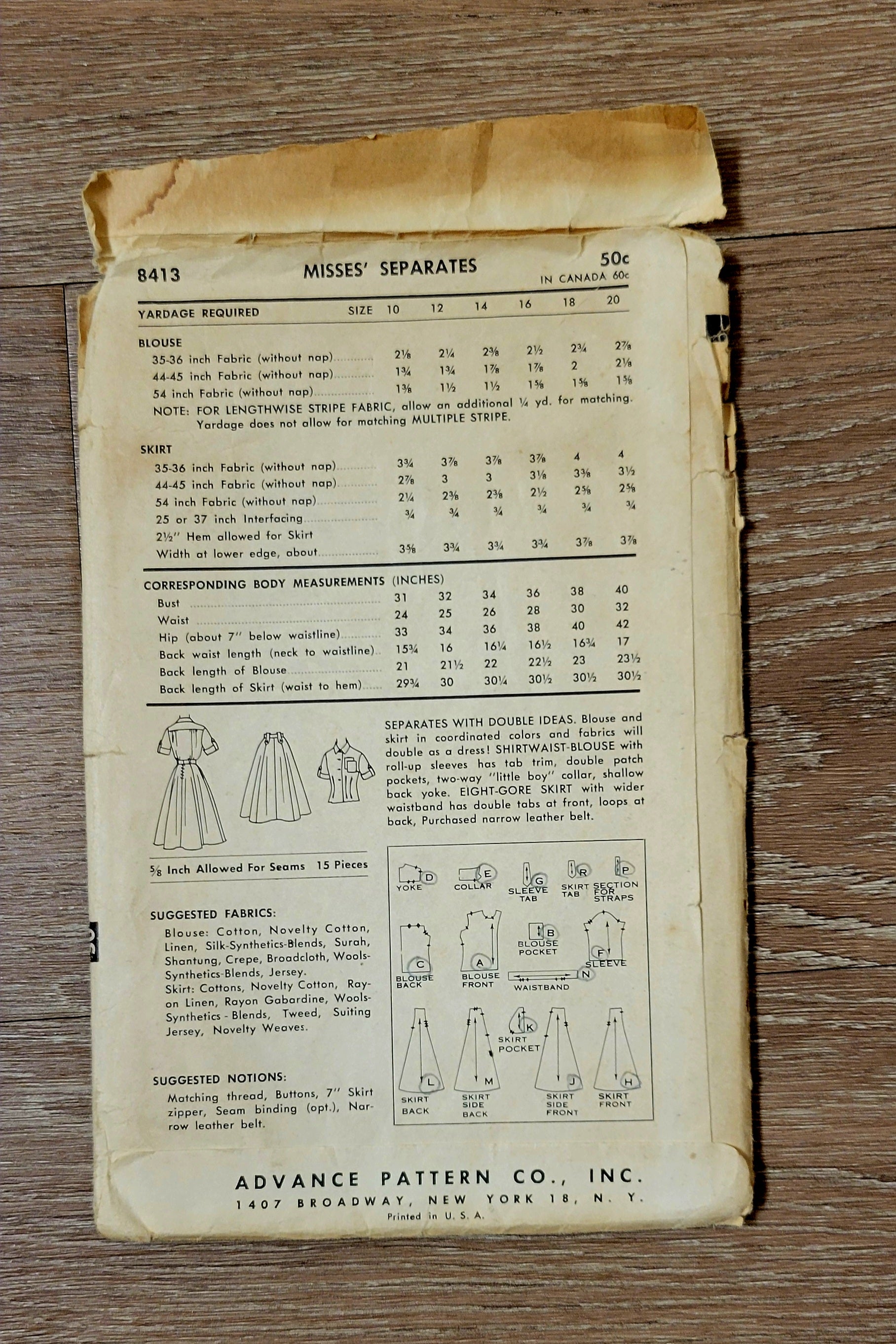 Advance 8413, Printed Sewing Pattern, Misses' Separates Dress, Size 16, ca 1957