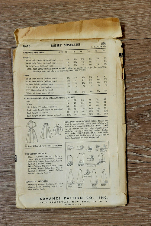 Advance 8413, Printed Sewing Pattern, Misses' Separates Dress, Size 16, ca 1957