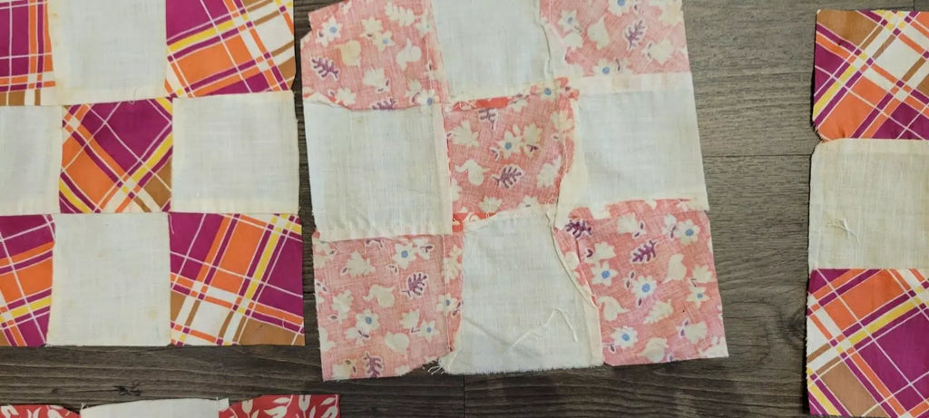 Vintage Quilt Squares 8" Four Patch, Unfinished Project. 1910s - 1930s