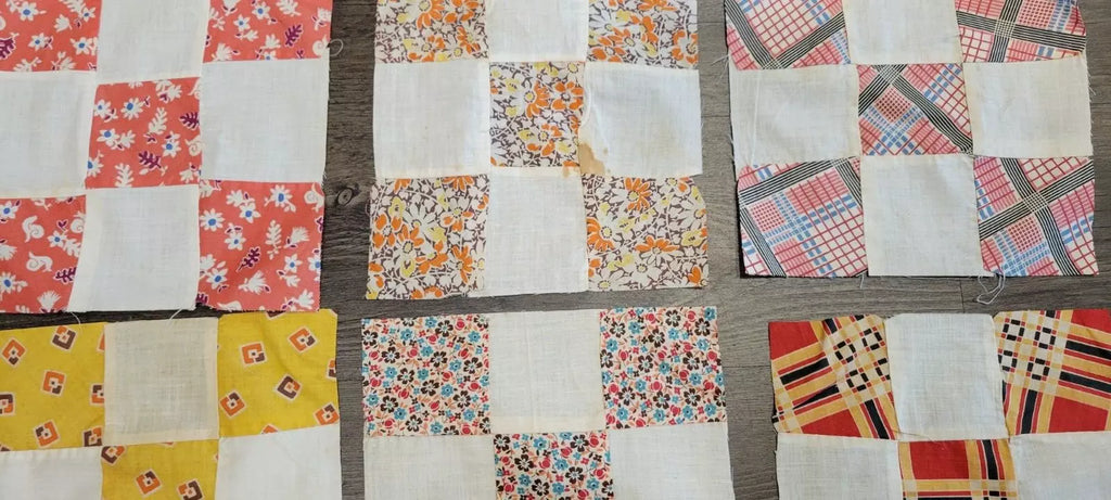 Vintage Quilt Squares 8" Four Patch, Unfinished Project. 1910s - 1930s